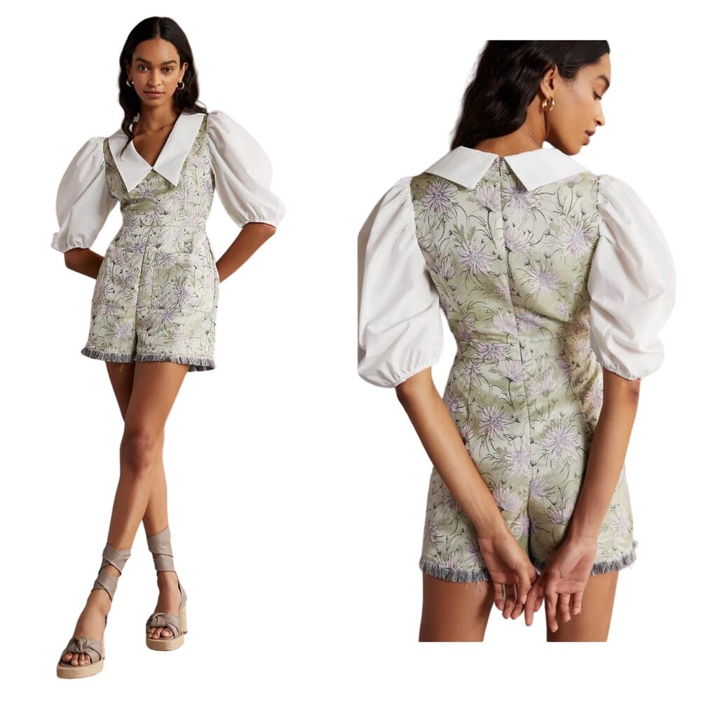Anthropologie Floral Puff Sleeve Romper - Green and White